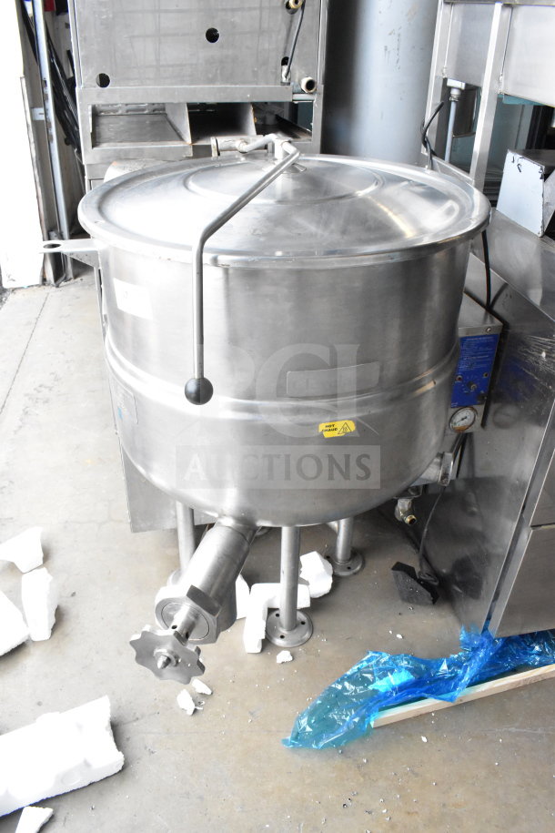 Cleveland KGL-40 floor style steam kettle, 40-gallon capacity, stainless steel, visible control panel and spout, good condition.