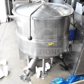 Cleveland KGL-40 floor style steam kettle, 40-gallon capacity, stainless steel, visible control panel and spout, good condition.