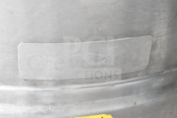 Cleveland KGL-40 40-gallon steam kettle label detail, stainless steel, commercial kitchen equipment.