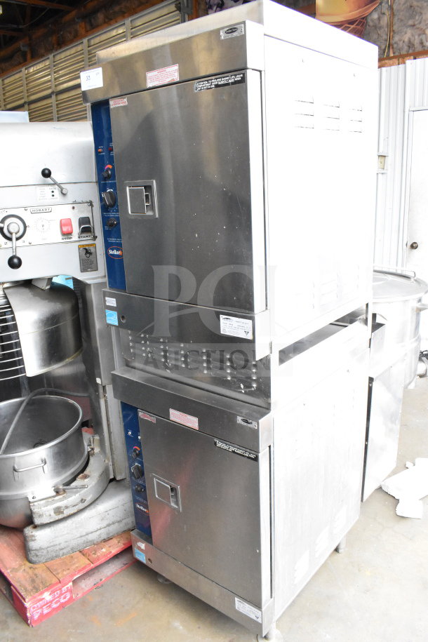 Stellar Sirius commercial natural gas 2-deck steam cabinet, 26,000 BTU. Stainless steel, controls visible. Good condition.