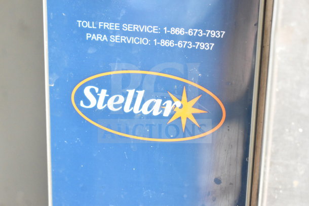 Stellar Sirius Commercial Steam Cabinet label, featuring the brand logo and service contact details.