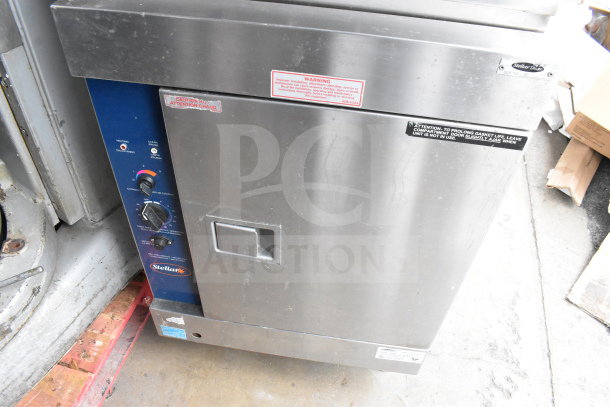 Stellar Sirius Commercial Steam Cabinet, 2 Deck, Natural Gas, 26,000 BTU, stainless steel, labels indicating safety instructions.
