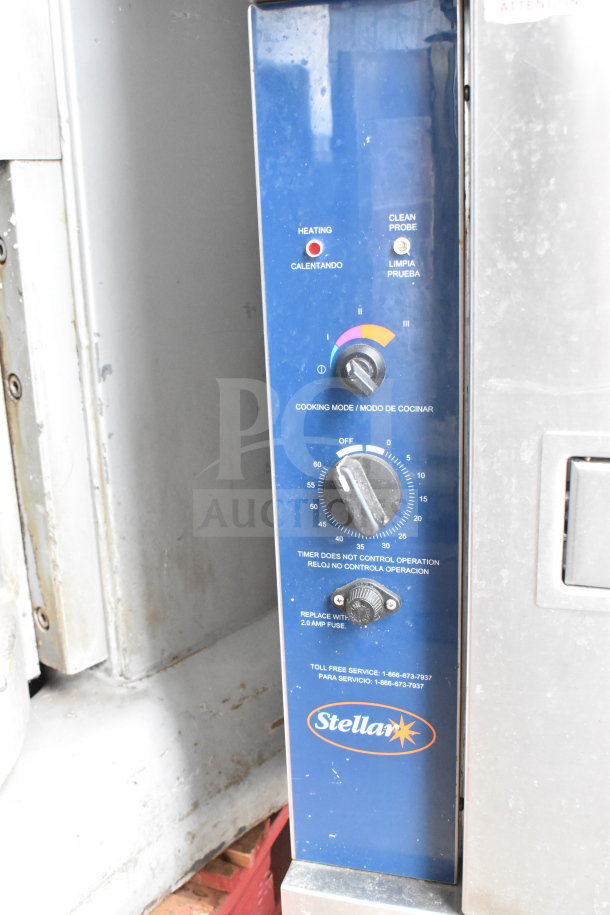 Stellar Sirius Steam Cabinet, commercial-grade, natural gas, 2 deck, 26,000 BTU, control panel with brand logo.