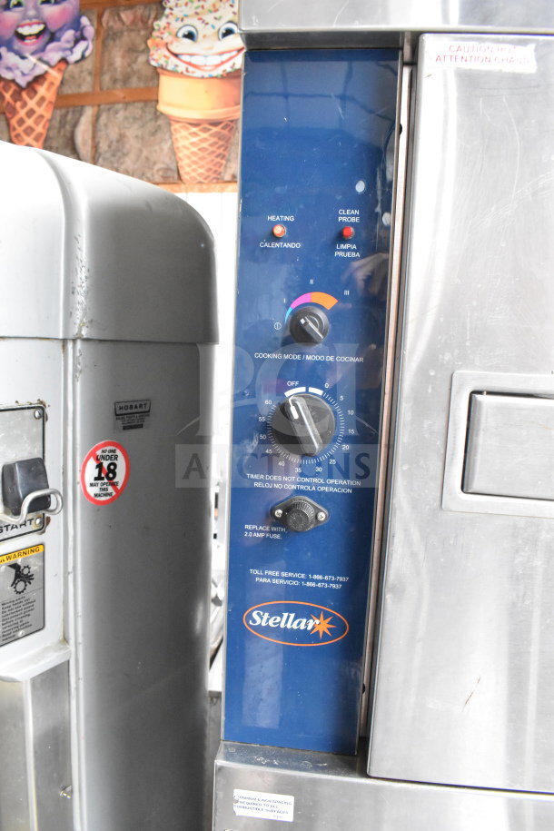 Stellar Sirius commercial steam cabinet, natural gas, 2 deck, 26,000 BTU. Features control panel with heating and timer settings.