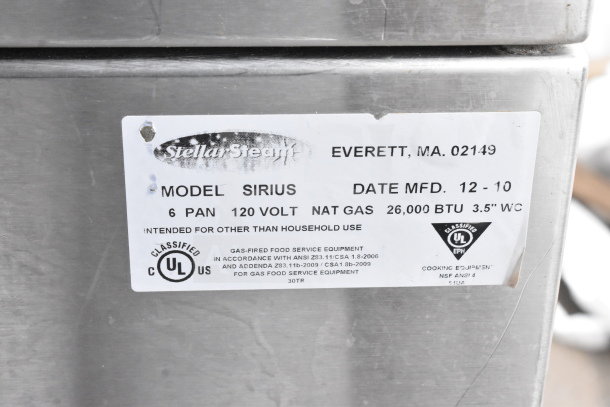 Stellar Sirius steam cabinet label, model Sirius, 26,000 BTU, natural gas, commercial use, UL classified.