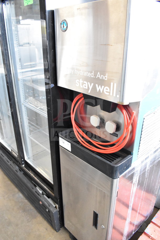 Hoshizaki DCM-270BAH-OS cubelet icemaker on cabinet, stainless steel, 115-120V, 1 phase, stay hydrated signage.