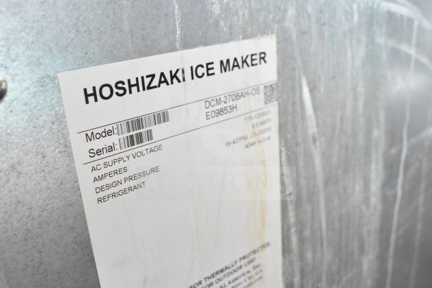 Hoshizaki DCM-270BAH-OS icemaker label showing model, serial, voltage, and specifications. Commercial use.