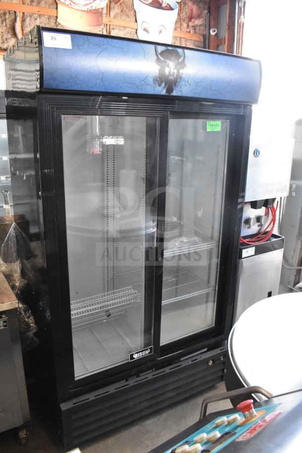 Bison SGM-35 commercial cooler, 2-door reach-in merchandiser, 115 volts, 1 phase, excellent condition, visible logo.