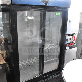 Bison SGM-35 commercial cooler, 2-door reach-in merchandiser, 115 volts, 1 phase, excellent condition, visible logo.