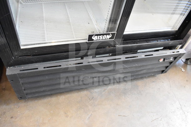 Bison SGM-35 commercial 2-door reach-in cooler, 115V, 1 phase. Features glass doors, Bison logo on the front.