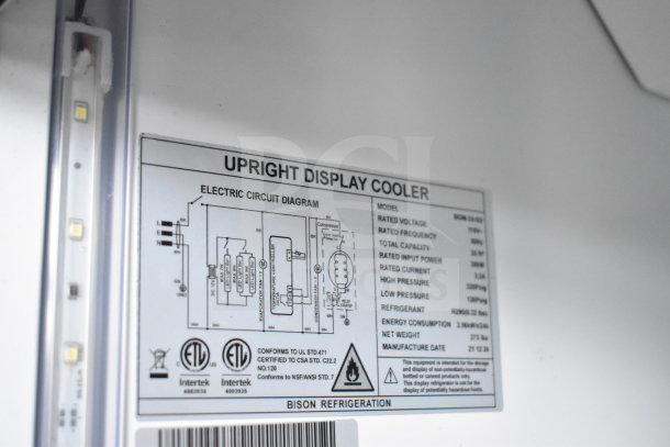 Bison SGM-35 Commercial 2 Door Cooler, 115V, 1 Phase, circuit diagram label shows electrical specs and Intertek certification.