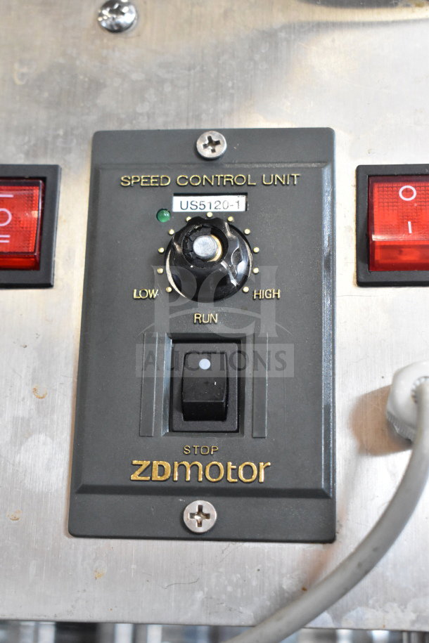 Vevor sausage stuffer speed control unit with dial labeled US5120-1, showing settings "Low" to "High" and "Run" switch.