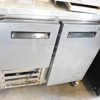 Cooltech CTR-36LB Commercial 2-Door Undercounter Cooler, stainless steel, 115V, 1 Phase. Visible wear on doors, Cooltech label.