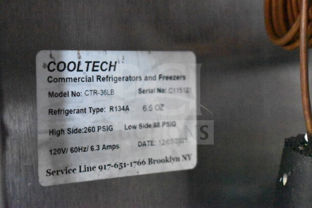 Label on 2021 Cooltech CTR-36LB Commercial 2 Door Undercounter Cooler, showing model, serial number, refrigerant type R134A, and specs.