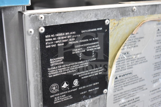Blue Flame BFF-40-NG commercial fryer label detailing model, serial number, 90,000 BTU input, natural gas use.