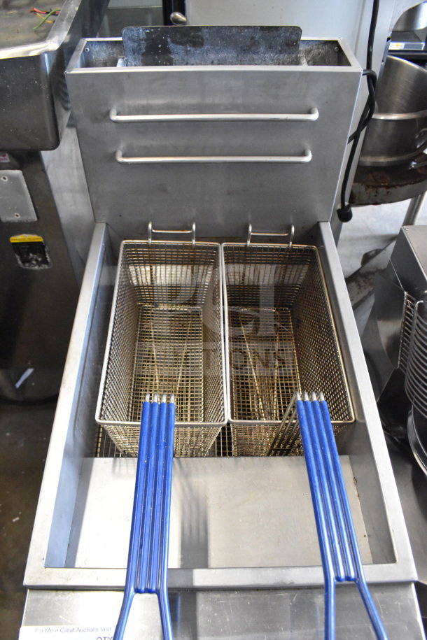 Blue Flame BFF-40-NG commercial floor natural gas fryer with dual baskets and blue handles, 90,000 BTU, stainless steel finish.