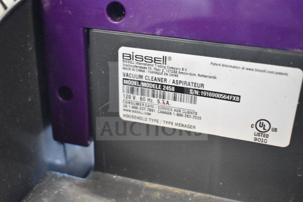 Bissell 2458 SpotClean PetPro Vacuum Cleaner label showing model, voltage, and certification details.