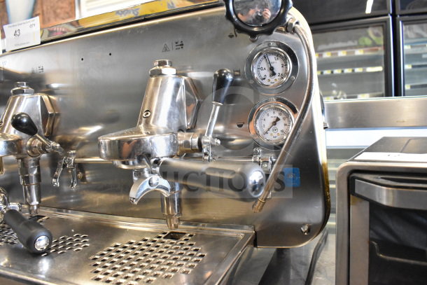 Faema E61 2-group commercial espresso machine, stainless steel, with two portafilters and steam wand, good condition.