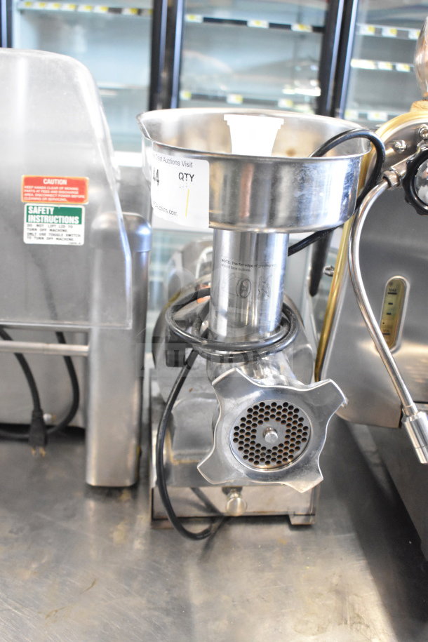 Backyard Pro 554BSG12 Electric Meat Grinder, 120V, stainless steel, #12 size, with safety instructions and caution labels.