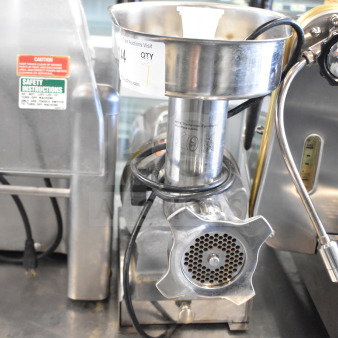 Backyard Pro 554BSG12 Electric Meat Grinder, 120V, stainless steel, #12 size, with safety instructions and caution labels.