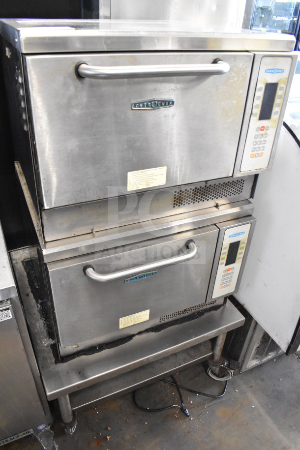 Two Turbochef NGC rapid cook ovens on stand, electric, 208/240V, 1 phase, visible control panels, professional use.