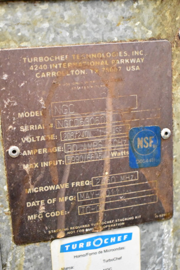 Turbochef NGC Commercial Electric Rapid Cook Oven label, showing model, voltage, and NSF certification.