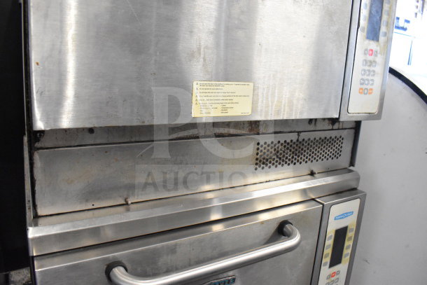 Two Turbochef NGC commercial rapid cook ovens on a stand, 208/240V, 1 Phase, with visible control panels and caution label.