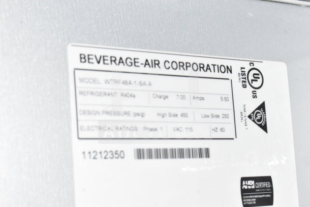 Beverage Air WTRF48A-1-SA-A label, showing model, refrigerant, design pressure, and electrical ratings.