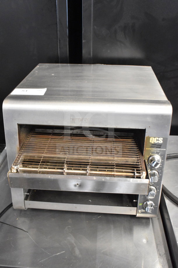 Star Holman QCS-5-55HC Commercial Conveyor Toaster Oven, 240V, 1 Phase, shows signs of use. Front controls and caution tag visible.