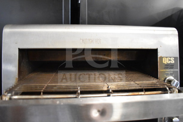 Star Holman QCS-5-55HC commercial countertop conveyor toaster oven, stainless steel, 240V, 1 phase, "Caution Hot" label visible.