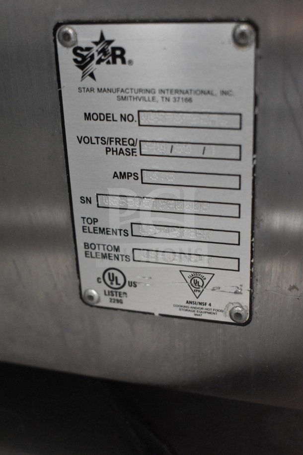 Star Holman QCS-5-55HC toaster oven tag, showing model, voltage, UL certification.