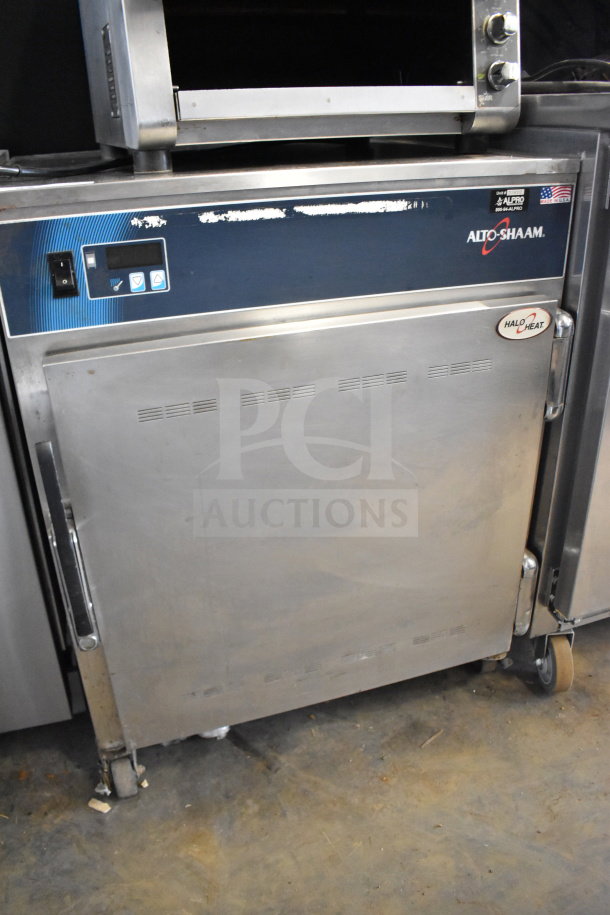 Alto Shaam 750-S commercial heated holding cabinet, stainless steel, on casters, 120V, 1 phase, visible control panel.