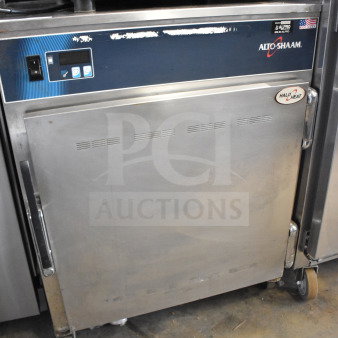 Alto Shaam 750-S commercial heated holding cabinet, stainless steel, on casters, 120V, 1 phase, visible control panel.