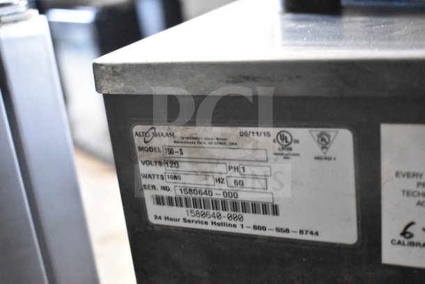 Alto Shaam 750-S heated holding cabinet, 120V, 1 phase, commercial casters, model label visible, serial no. 1580640-000.