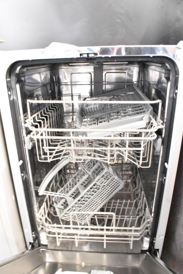Sharp undercounter dishwasher, 115 volts, 1 phase, open view of interior racks, pristine condition, stainless steel finish.