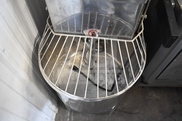 Commercial spiral dough mixer with stainless steel mixing bowl, bowl guard, and dough hook. Used, good condition.