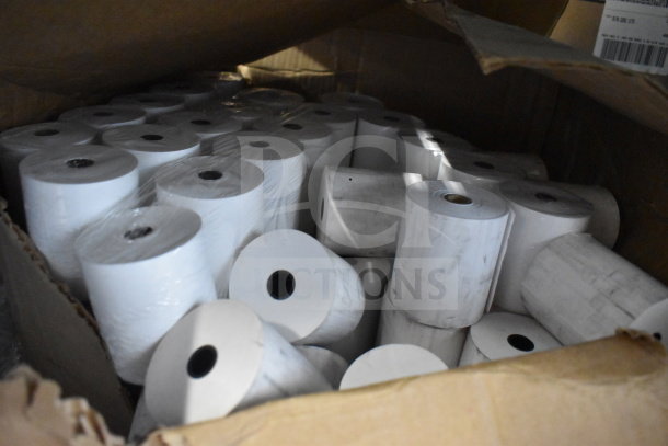 Box of receipt printer rolls, new, wrapped in plastic. Multiple rolls visible, indicating high quantity.