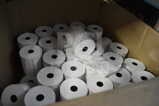 Box of printer receipt rolls, new condition, numerous rolls visible. Auction offers two times your bid quantity.