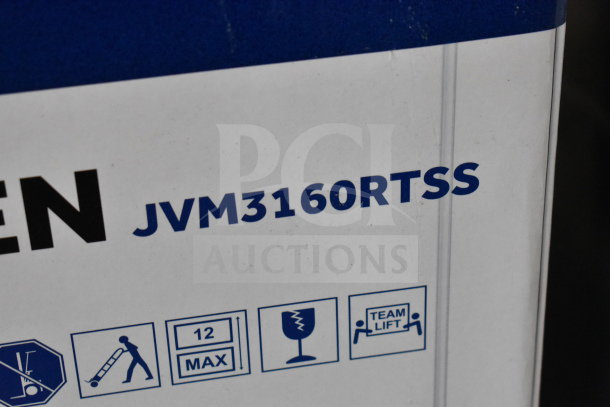 JVM3160RTSS model marking on General Electric microwave oven box, showing handling icons and instructions.