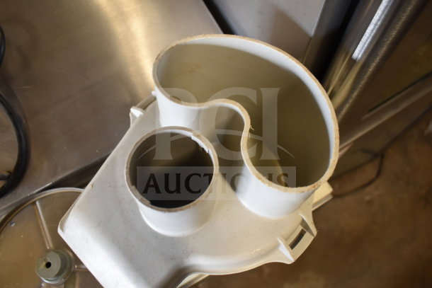 Robot Coupe R2 Commercial Countertop Food Processor, shown without lid, in used condition, visible feed chute and base.