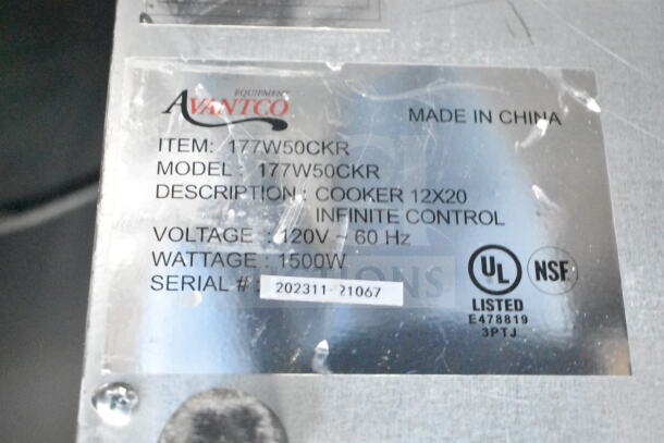 Avantco 177W50CKR Countertop Food Warmer label, 120V, 1 Phase, 1500W, UL and NSF listed. Serial #202311-21067. Made in China.