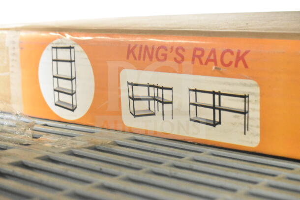 King's Rack Shelving Unit in original box, new condition. Box displays assembly illustrations and product name.