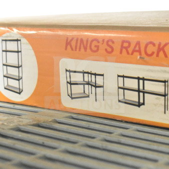 King's Rack Shelving Unit in original box, new condition. Box displays assembly illustrations and product name.