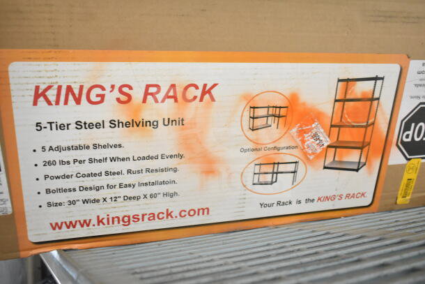 King's Rack 5-tier steel shelving unit, new in original box. Features adjustable shelves, 260 lbs capacity, rust-resistant.