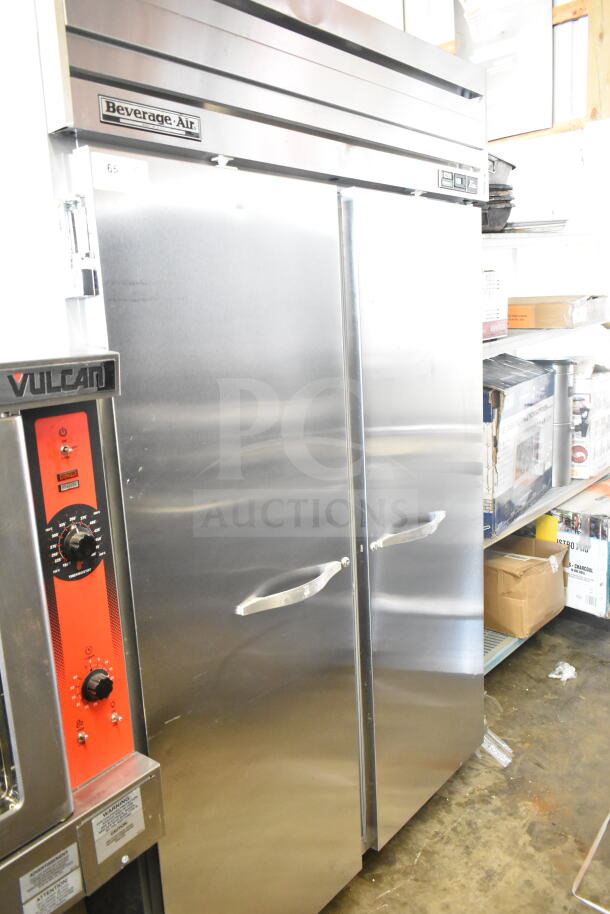 Beverage Air ER48-1AS commercial 2-door reach-in cooler, stainless steel, on casters. 115 volts, 1 phase.