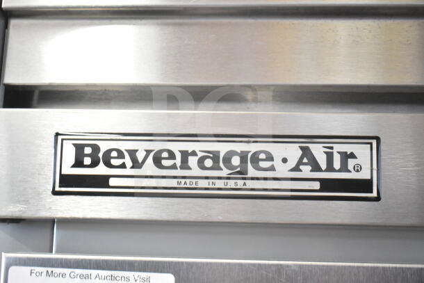Beverage Air ER48-1AS commercial cooler, 2-door, on casters, 115V, made in USA label visible.