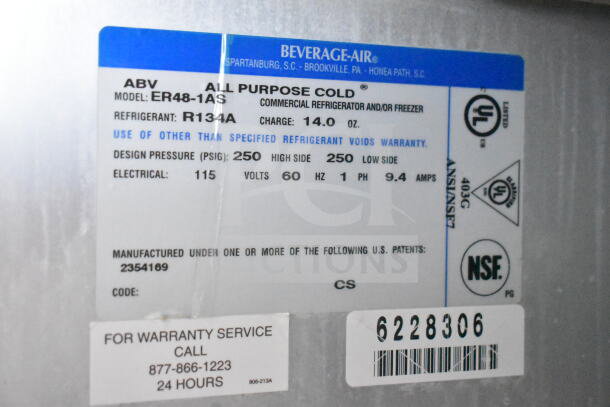 Beverage Air ER48-1AS cooler label, showing model details, refrigerant R134A, and electrical specs: 115V, 60Hz, 1 phase.