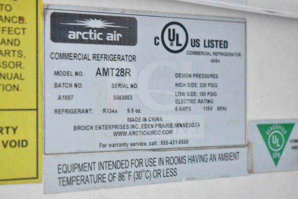 Arctic Air AMT28R commercial prep table label showing model, serial number, and specifications. UL listed for 115V, 1 phase.