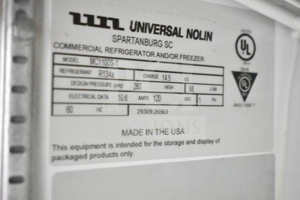 Universal Nolin MC1100S-1 commercial cooler tag, details UL listing, refrigerant R134a, 120V, 1 phase, made in USA.