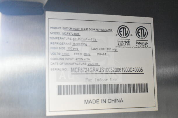 2020 MCF8724GR Commercial 3-Door Cooler label. Model: MCF8724GR, 115V, 1 Phase, ETL certified. Made in China.